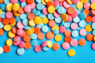 Fototapeta premium Colorful pills scattered on blue background. Perfect for healthcare, medicine, or candy concepts.