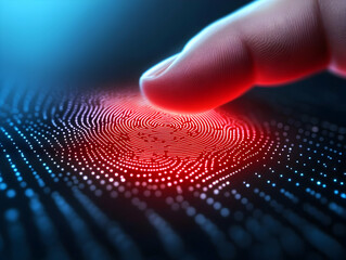 A close-up of a finger touching a digital fingerprint scanner, showcasing advanced technology and biometric security. The vibrant colors highlight innovation.