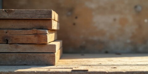 A Stack of Weathered Wooden Planks Resting on a Rustic Surface, Bathed in Warm Sunlight