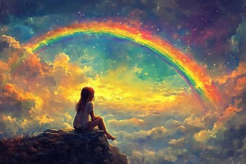 Obraz premium A girl is sitting on a rock looking at a rainbow