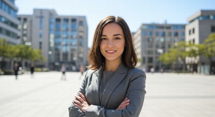 Fototapeta premium Smiling young business woman leader holding digital tablet standing in office.