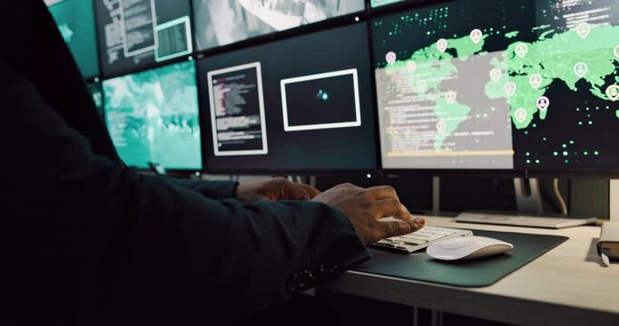 CCTV, computer screen and typing with person in army control room for satellite monitoring. Search, security and surveillance with soldier at headquarters for military support or mission update