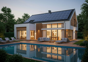 Fototapeta premium Solar panels on the roof of a modern house, Residential houses with Alternative and Renewable energy concept. Generative AI