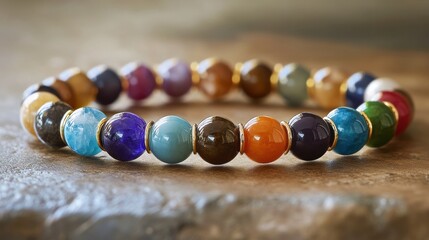 Colorful gemstone bracelet displayed on a textured surface