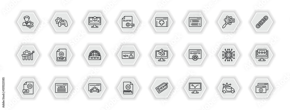 Poster outline icons set - programming concept. vector icons included seo management, simulation, plugin, p