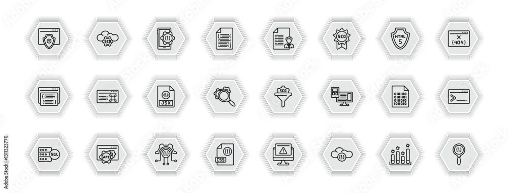 Poster outline icons set - programming concept. vector icons included authorize, mobile development, seo re