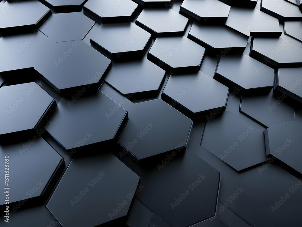 Poster a close-up view of a sleek hexagonal pattern on a dark surface, showcasing modern design elements pe