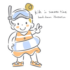 夏を楽しむこども達　手描き風のかわいい線画イラスト