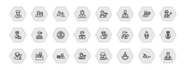outline icons set - professions concept. vector icons included concierge, wrestling, dyer, thief and more.