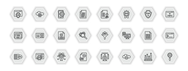 outline icons set - programming concept. vector icons included authorize, mobile development, seo report, command and more.