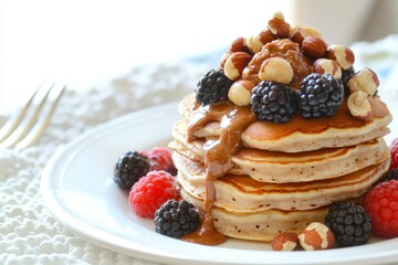 Delicious pancakes stacked high with hazelnuts and fresh berries for a perfect breakfast treat. Generative AI