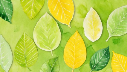 Watercolor Painting of Green and Yellow Leaves on Light Green Background Natural Feel