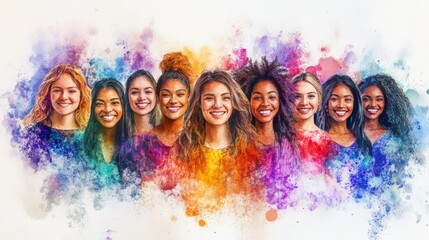 A vibrant scene of women from various cultural backgrounds, each smiling warmly