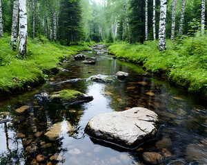 Obraz premium Stream flows through woodland. Rocks & green grass on banks. Trees background