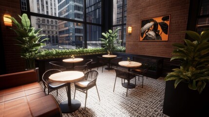 Obraz premium Interior cafe with tables, plants, cityscape view