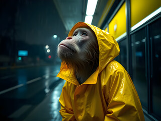 a monkey wears yellow raincoat seeking refuge from the rain under eaves