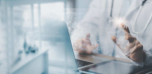 Health Insurance Concept  Doctor Using Digital Healthcare AI App, Advanced Healthcare Analytics,...