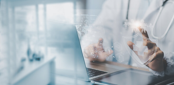 Health Insurance Concept Doctor Using Digital Healthcare AI App, Advanced Healthcare Analytics, Software, and Lab Solutions for Medical Professionals in High Tech Hospitals - Powered by Adobe