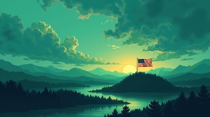 A stock illustration that represents the concept of Climate action in Teal and dark green colors, incorporating Blending gradients and metaphors of the American flag for a meaningful