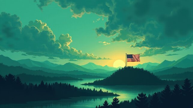 A stock illustration that represents the concept of Climate action in Teal and dark green colors, incorporating Blending gradients and metaphors of the American flag for a meaningful