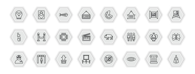 outline icons set - museum concept. vector icons included anthropology, fishbone, palette, museum fencing and more.