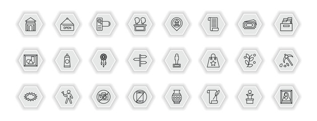 outline icons set - museum concept. vector icons included antic architecture, photographic, museum map, acrylic and more.