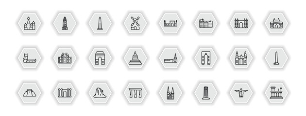 outline icons set - monuments concept. vector icons included russia, obelisk of bue aires, id kah mosque, milan cathedral and more.