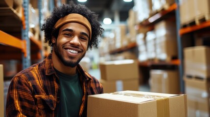 Obraz premium Smiling warehouse worker holding a package in busy storage area