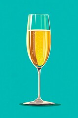 Retro poster of glass of champagne on blue background.