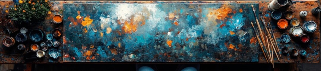 Artist's Workspace with Paintbrushes and Colorful Paint Palette. Generative AI