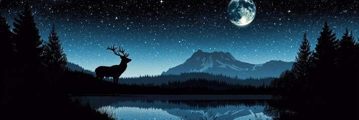 Majestic deer silhouetted against a starry night sky, mountains, and tranquil lake.