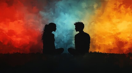Obraz premium A silhouette couple sharing an emotional Connection against a Colorful Abstract backdrop, Man and Woman having a conversation, Lovers having a deep bond