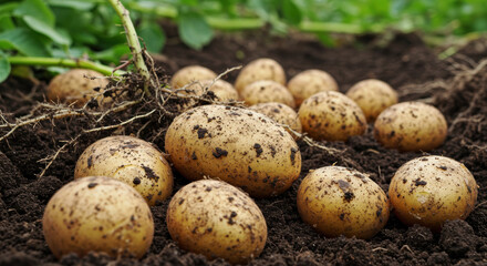 A bountiful harvest of new potatoes resting on the rich, dark earth of the garden.