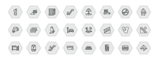 outline icons set - hotel and restaurant concept. vector icons included fire extinguisher, hotel, beach umbrella, pillow and more.
