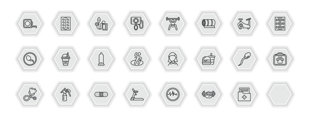 outline icons set - health and medical concept. vector icons included poisonous, medical strip, blood pressure gauge, spermatozoon and more.
