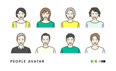 笑顔の老若男女のシンプルなアバター素材イラストセット(カラフル)