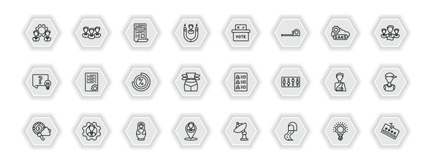 outline icons set - general concept. vector icons included outsourcing, news feed, referendum, smart contract and more.