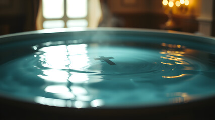 Priest pours holy water. Silver shell, baptismal font. Dawn light, water droplets. Symbol of renewal, grace & purity. Reverent.