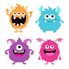 Happy Halloween. Monster set. Kawaii cartoon funny character. Colorful silhouette monsters. Cute face with teeth, horns, eyes, hands. Childish baby collection. Flat design. White background. Vector