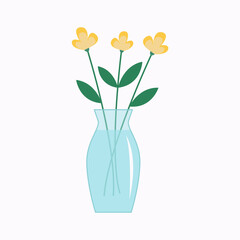Flower in vase. Yellow flowers bouquet. Glass vases with water. Cute colorful icon collection. Ceramic Pottery Glass decoration. White background. Flat design. Vector illustration