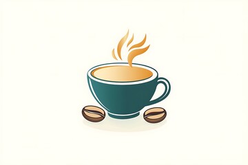 Obraz premium Steaming Cup of Coffee Logo Design with Coffee Beans Minimalist Cafe Illustration