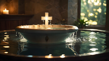 Priest pours holy water. Silver shell, baptismal font. Dawn light, water droplets. Symbol of renewal, grace & purity. Reverent.