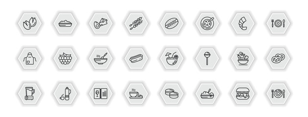 outline icons set - food concept. vector icons included pistachio, dairy, hotdog, raspberry leaf and more.