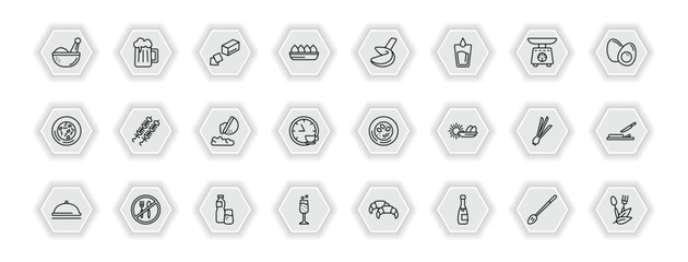 outline icons set - food collection. thin concept. vector icons included spices, butter, fortune cookie, brochette and more.