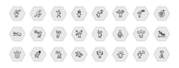 outline icons set - feelings concept. vector icons included alive human, grateful human, inspired human, hot and more.