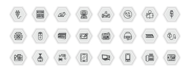 outline icons set - electronic devices concept. vector icons included plug, iron, hot plate, battery and more.