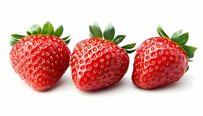 Three strawberries lined up, isolated on a white background
