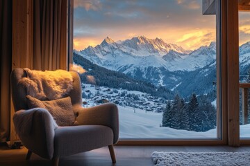 Cozy mountain cabin interior featuring plush armchair and stunning view of snow covered peaks at sunset