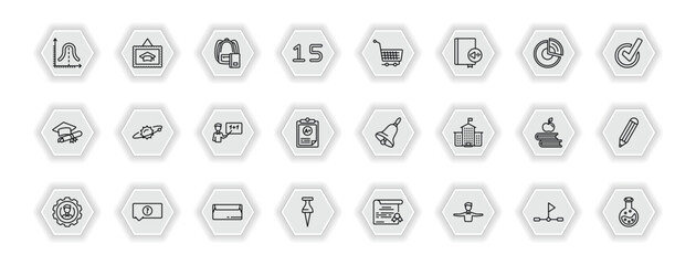 outline icons set - education concept. vector icons included gaussian function, bag of books, shopping cart, solar system and more.