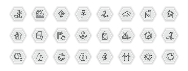 outline icons set - ecology concept. vector icons included plant on a hand, eco light, green energy source, recycled paper and more.